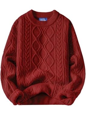 Women's Red Crewneck Pullover Knit Long Sleeve Vintage Cable Oversized Sweater